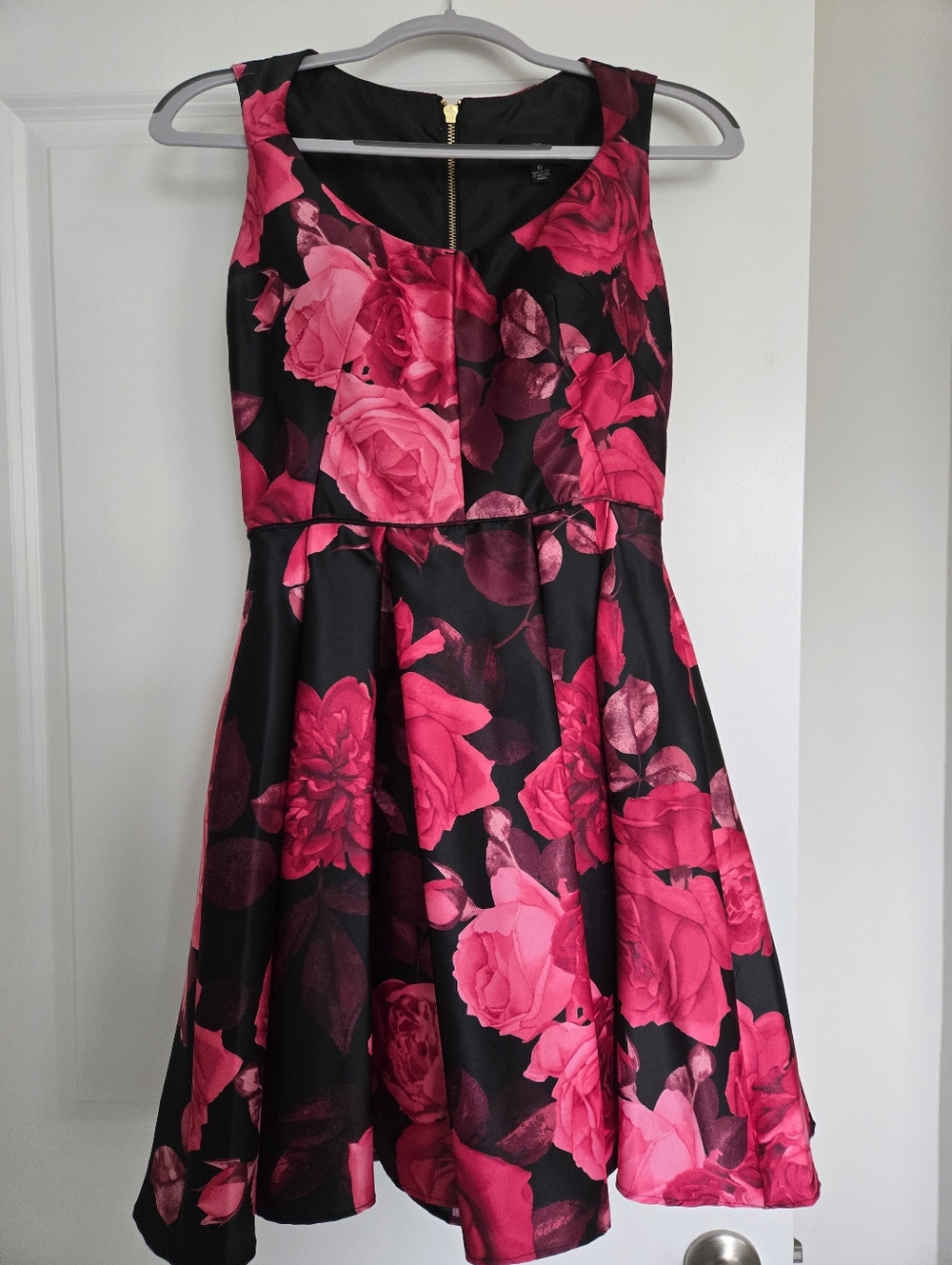 Betsy and Adam Black Satin Rose Midi Dress Fit & Flare Floral